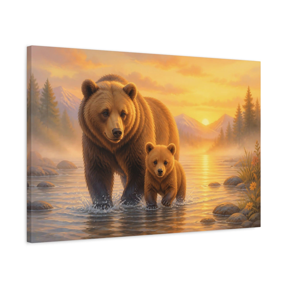 Side Mockup 2. Animals Bears Brown And Gold shown as stretched canvas wall art