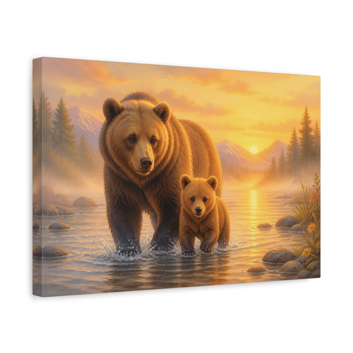 Side Mockup 4. Animals Bears Brown And Gold shown as stretched canvas wall art
