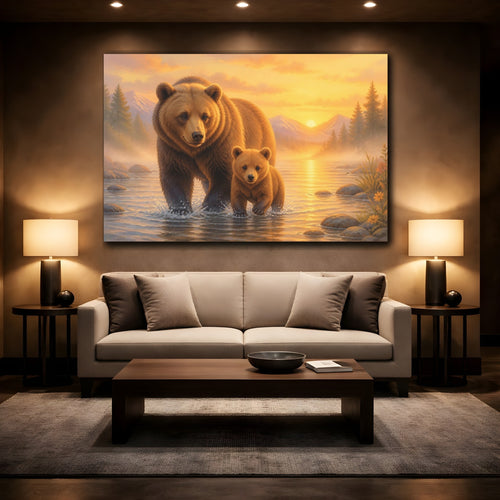 Mockup 2. Animals Bears Brown And Gold shown as stretched canvas wall art