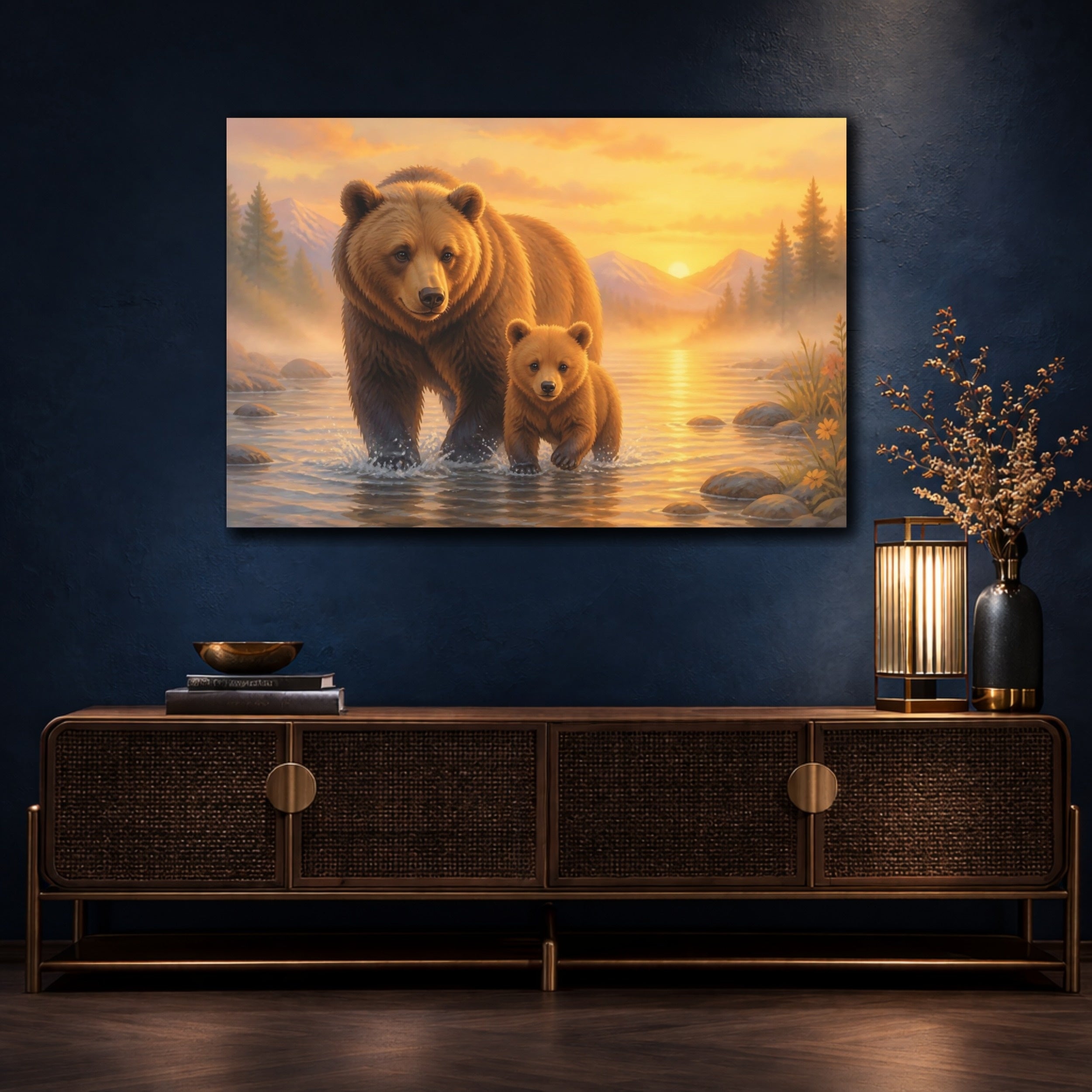 Mockup 4. Animals Bears Brown And Gold shown as stretched canvas wall art
