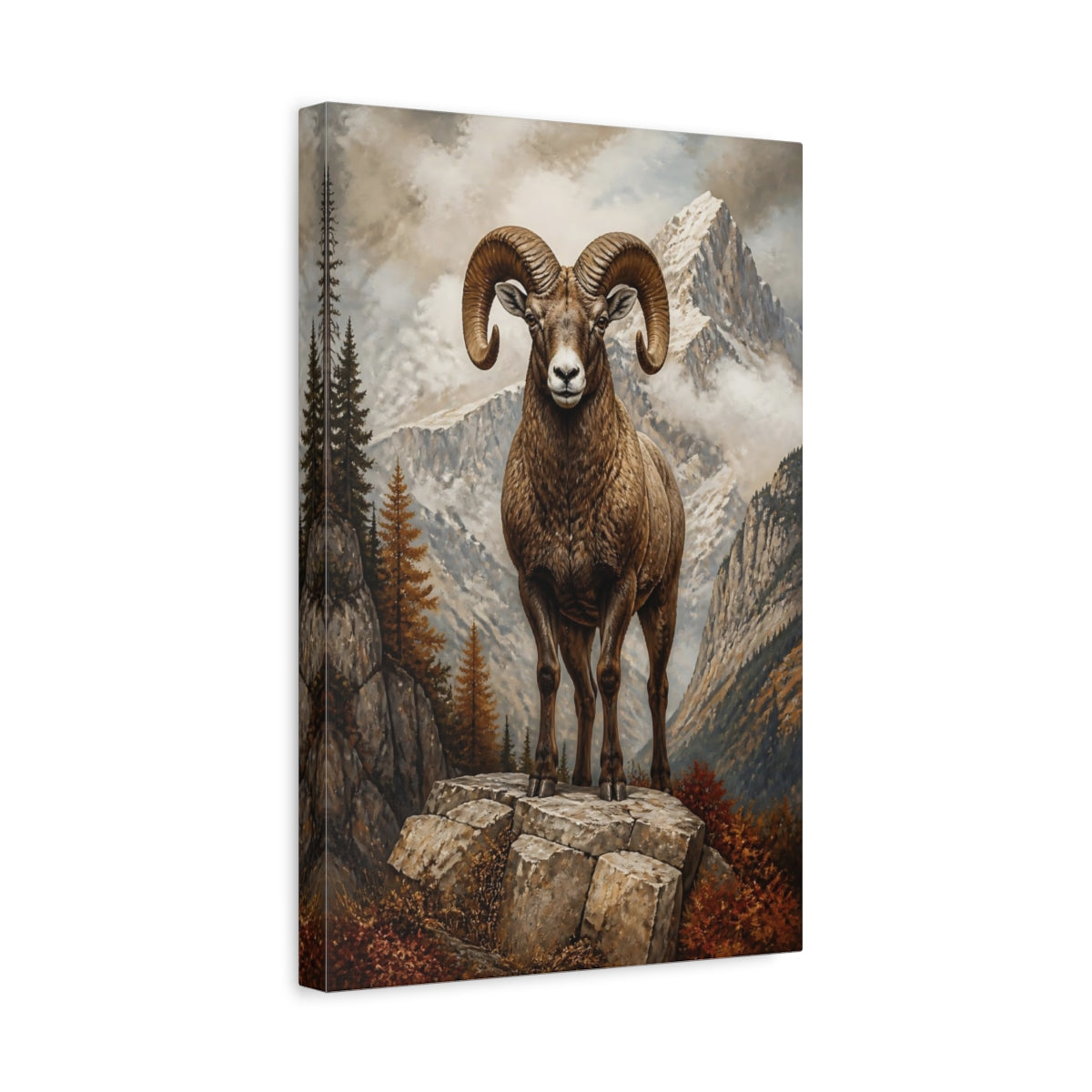 Side Mockup 4. Animals Bighorn Ram Brown Mountain Ram shown as stretched canvas wall art