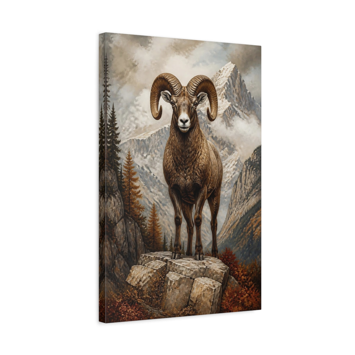 Side Mockup 3. Animals Bighorn Ram Brown Mountain Ram shown as stretched canvas wall art