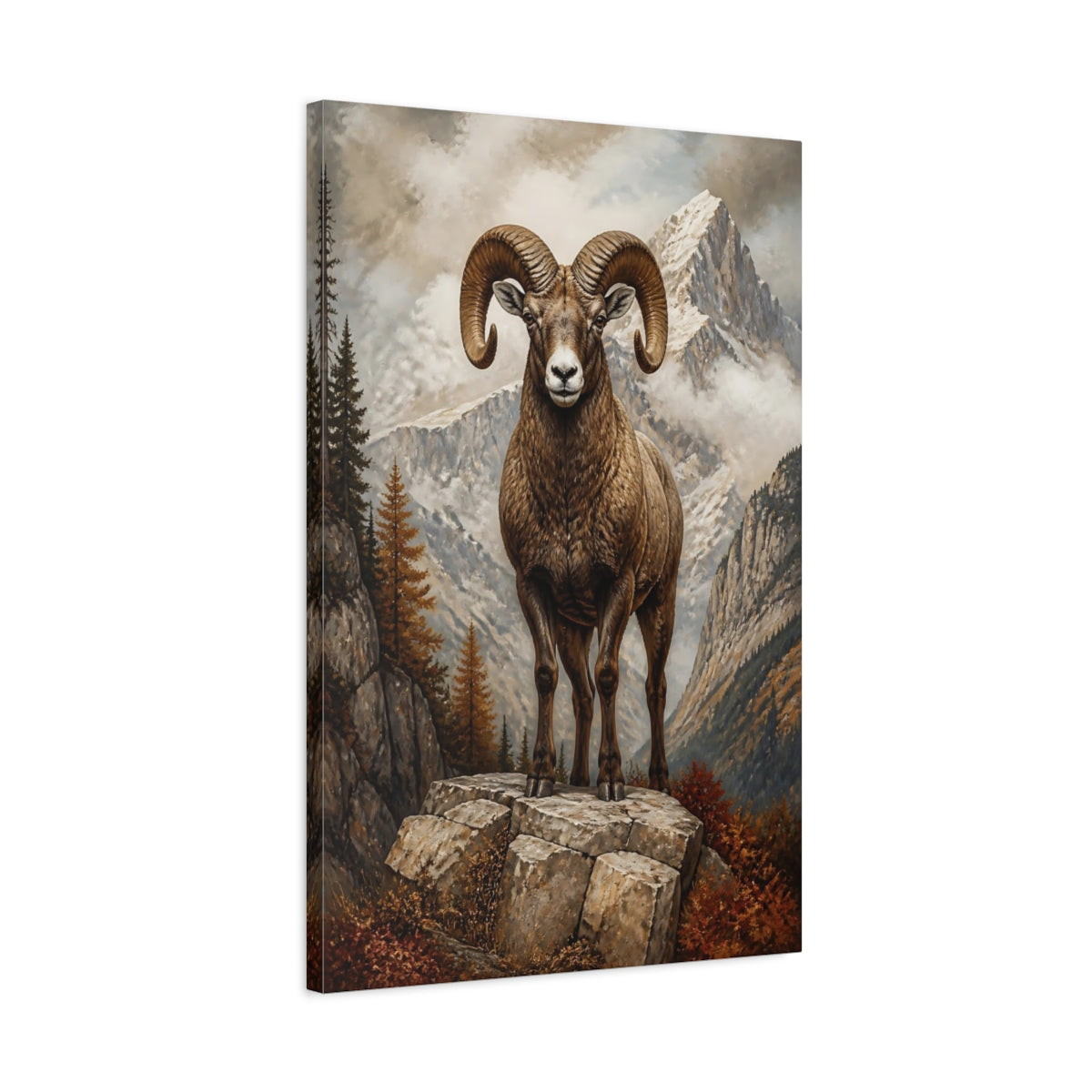 Side Mockup 2. Animals Bighorn Ram Brown Mountain Ram shown as stretched canvas wall art