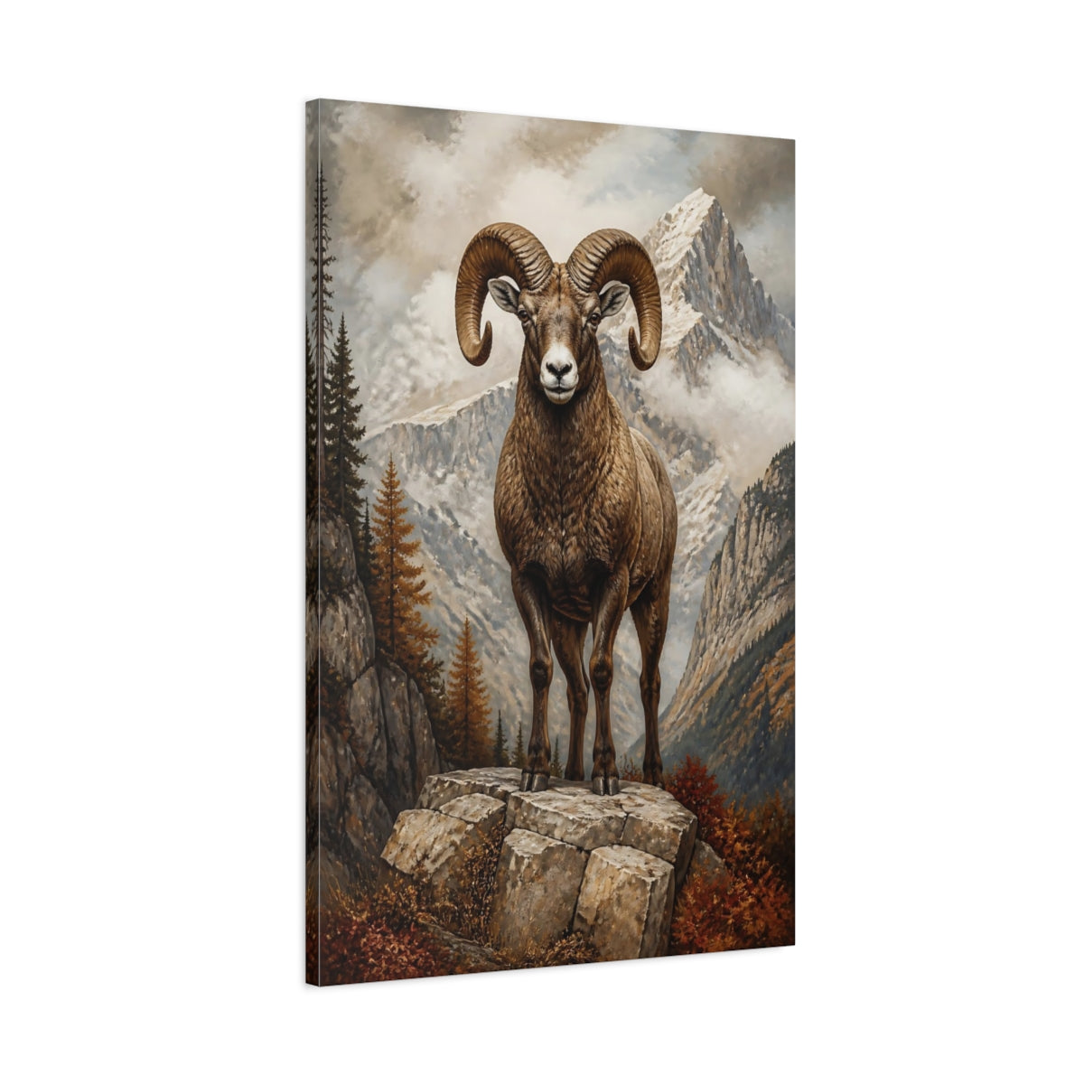 Main Mockup. Animals Bighorn Ram Brown Mountain Ram shown as stretched canvas wall art