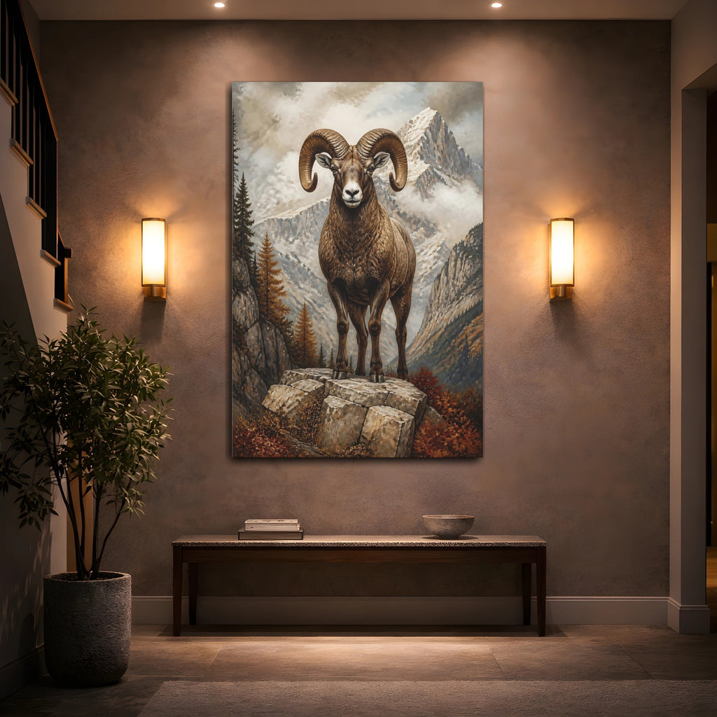 Mockup 2. Animals Bighorn Ram Brown Mountain Ram shown as stretched canvas wall art