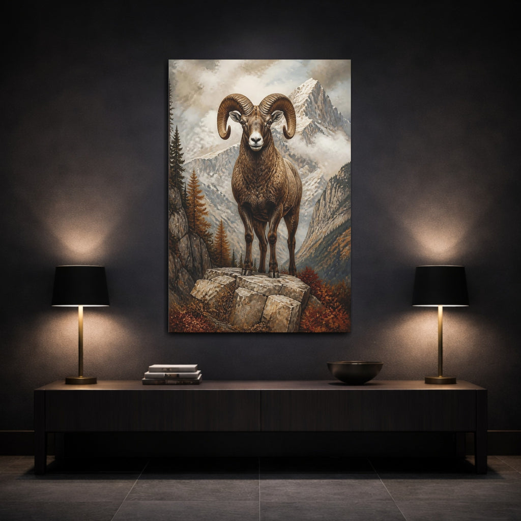 Mockup 3. Animals Bighorn Ram Brown Mountain Ram shown as stretched canvas wall art