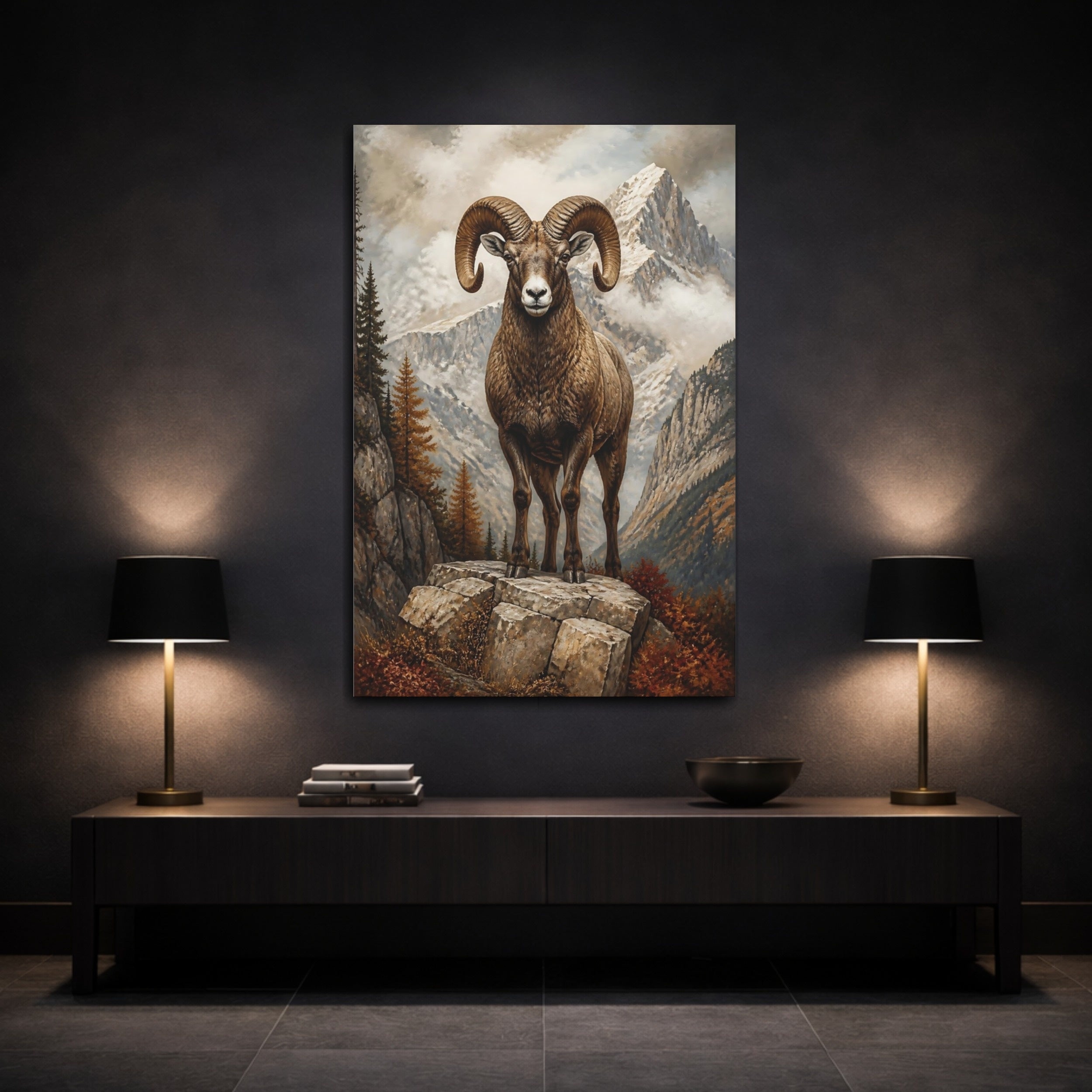 Mockup 3. Animals Bighorn Ram Brown Mountain Ram shown as stretched canvas wall art