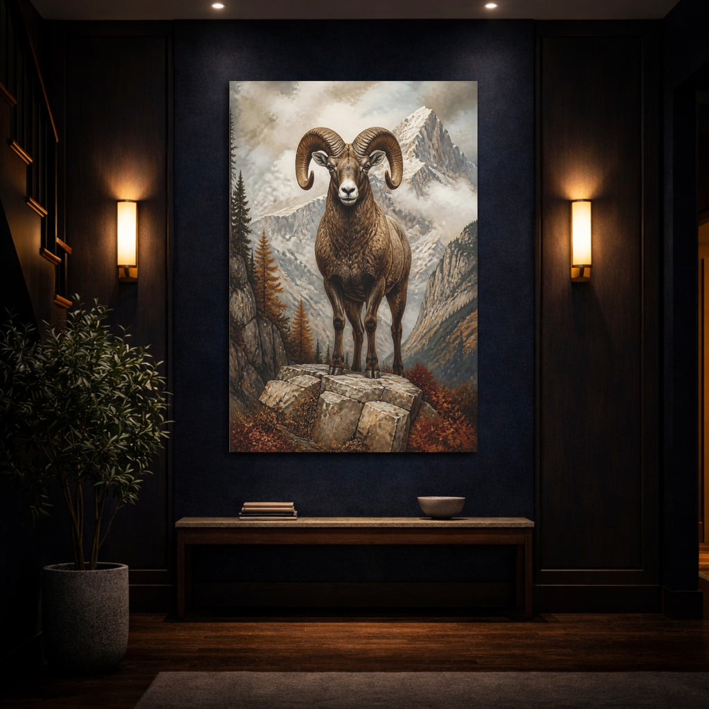 Mockup 4. Animals Bighorn Ram Brown Mountain Ram shown as stretched canvas wall art