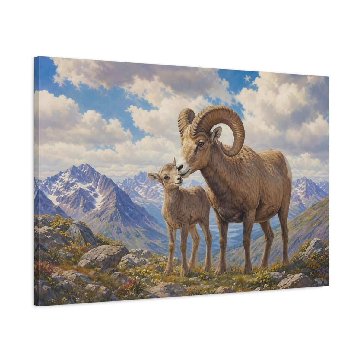 Main Mockup. Animals Bighorn Sheep Brown And Blue shown as stretched canvas wall art