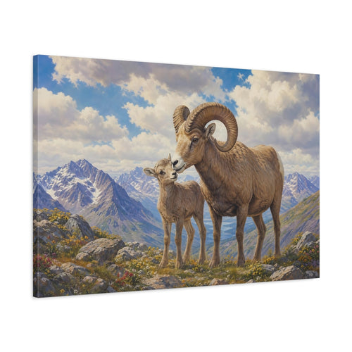 Main Mockup. Animals Bighorn Sheep Brown And Blue shown as stretched canvas wall art