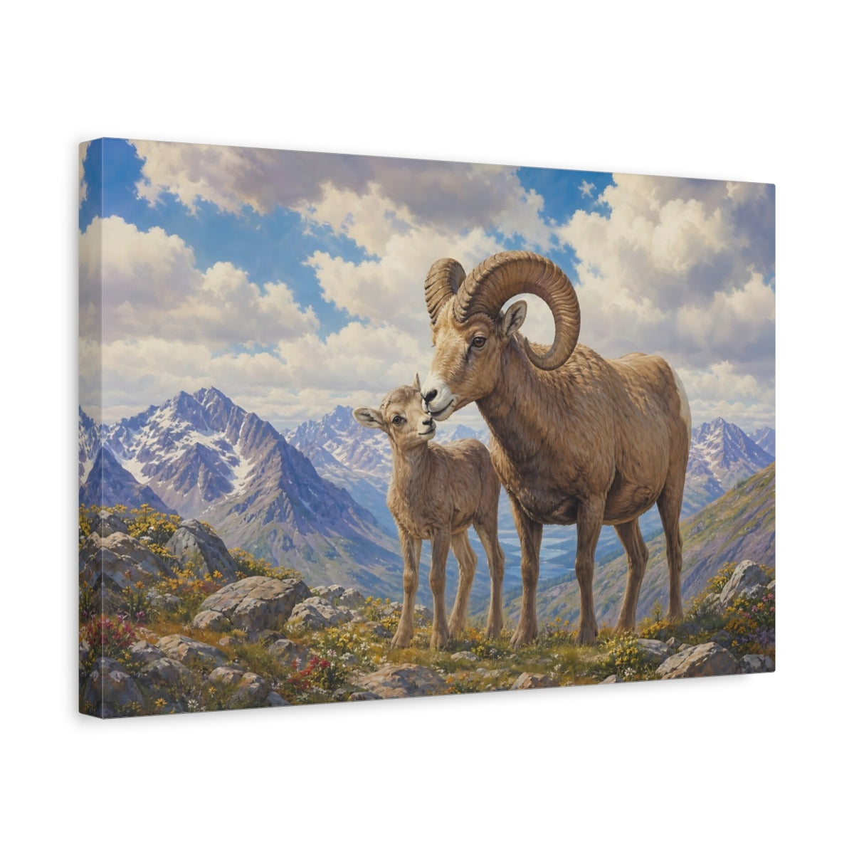 Side Mockup 4. Animals Bighorn Sheep Brown And Blue shown as stretched canvas wall art