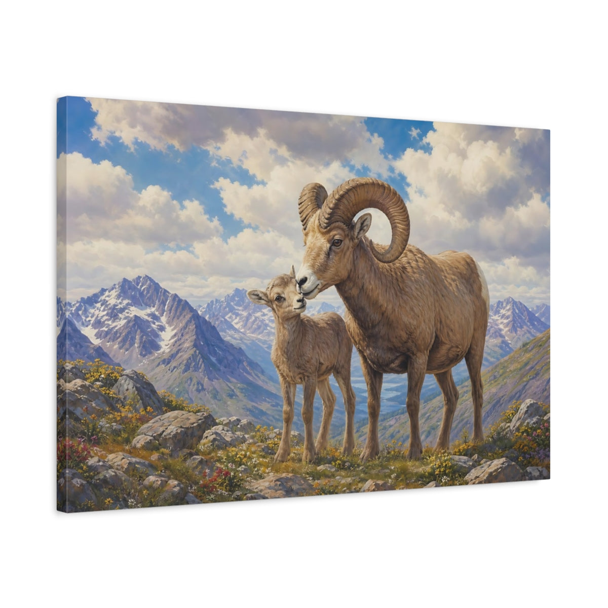 Side Mockup 2. Animals Bighorn Sheep Brown And Blue shown as stretched canvas wall art