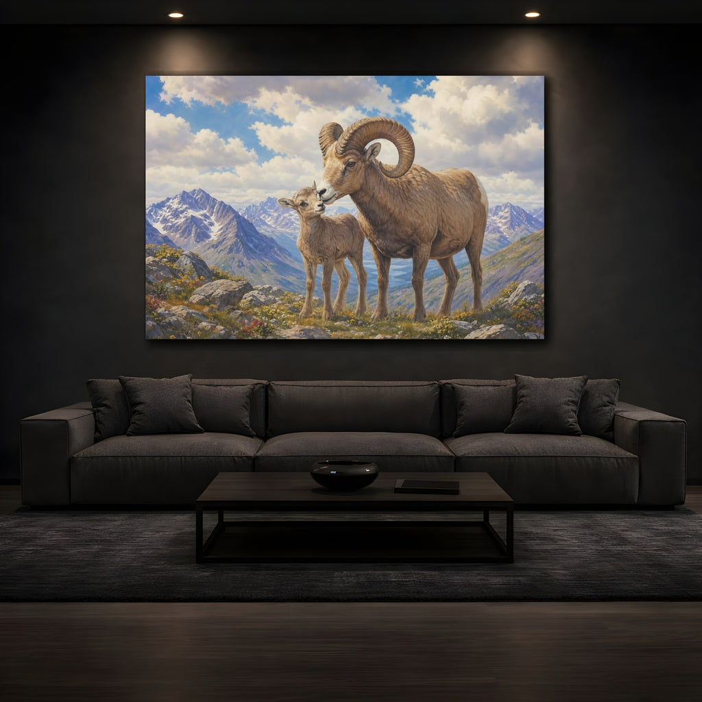 Mockup 3. Animals Bighorn Sheep Brown And Blue shown as stretched canvas wall art