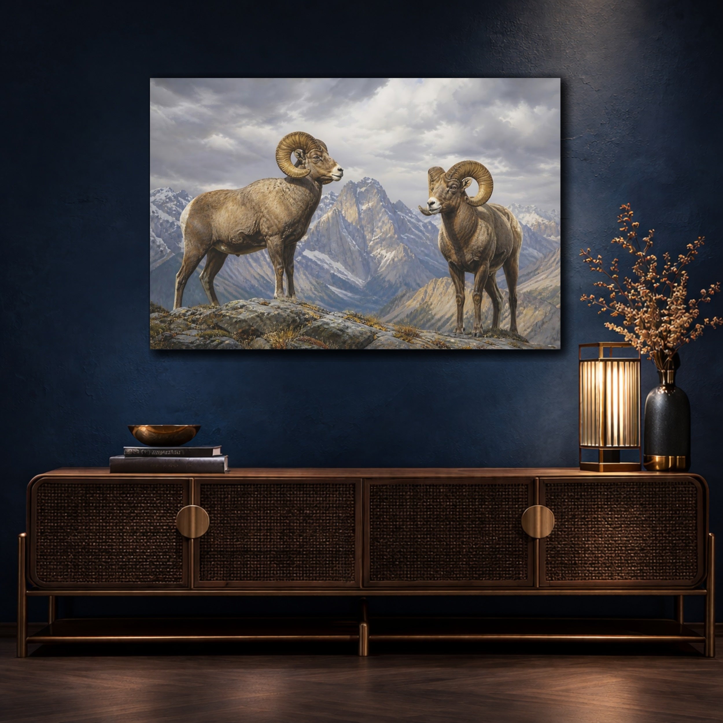 Mockup 4. Animals Bighorn Sheep Brown Grey Mountains shown as stretched canvas wall art