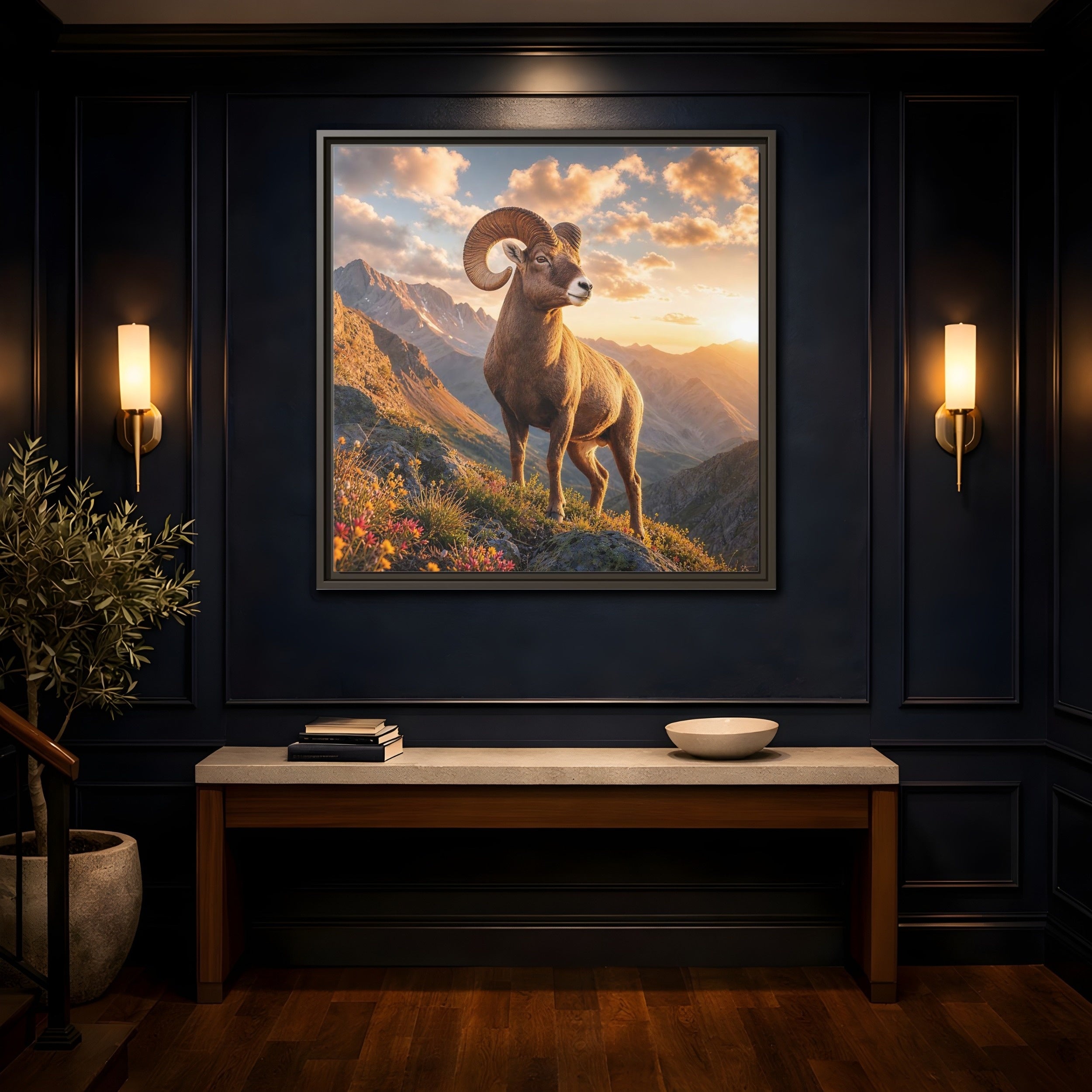 Mockup 4. Animals Bighorn Sheep Golden Ram shown as stretched canvas wall art