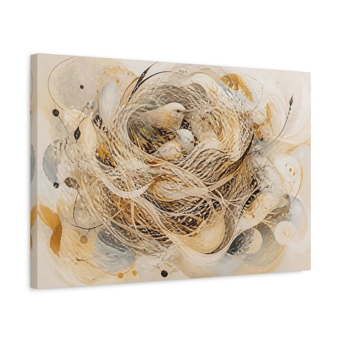 Side Mockup 3. Animals Birds Beige And Gold shown as stretched canvas wall art