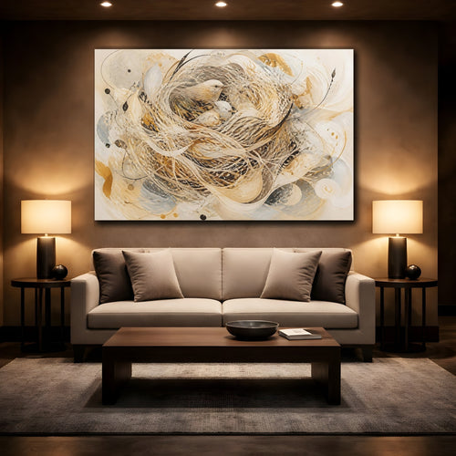 Mockup 2. Animals Birds Beige And Gold shown as stretched canvas wall art