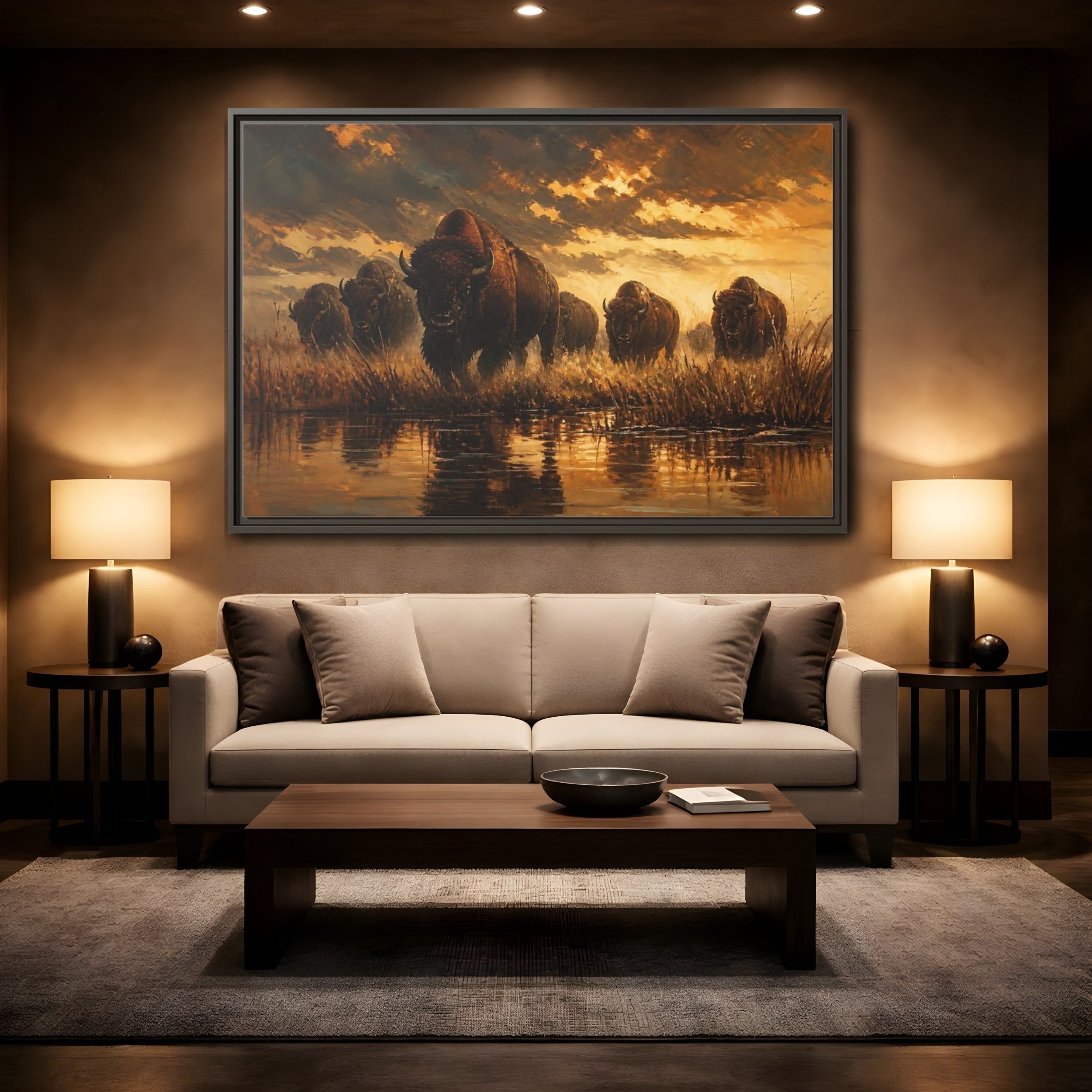 Mockup 2. Animals Bison Brown And Gold Bison shown as stretched canvas wall art