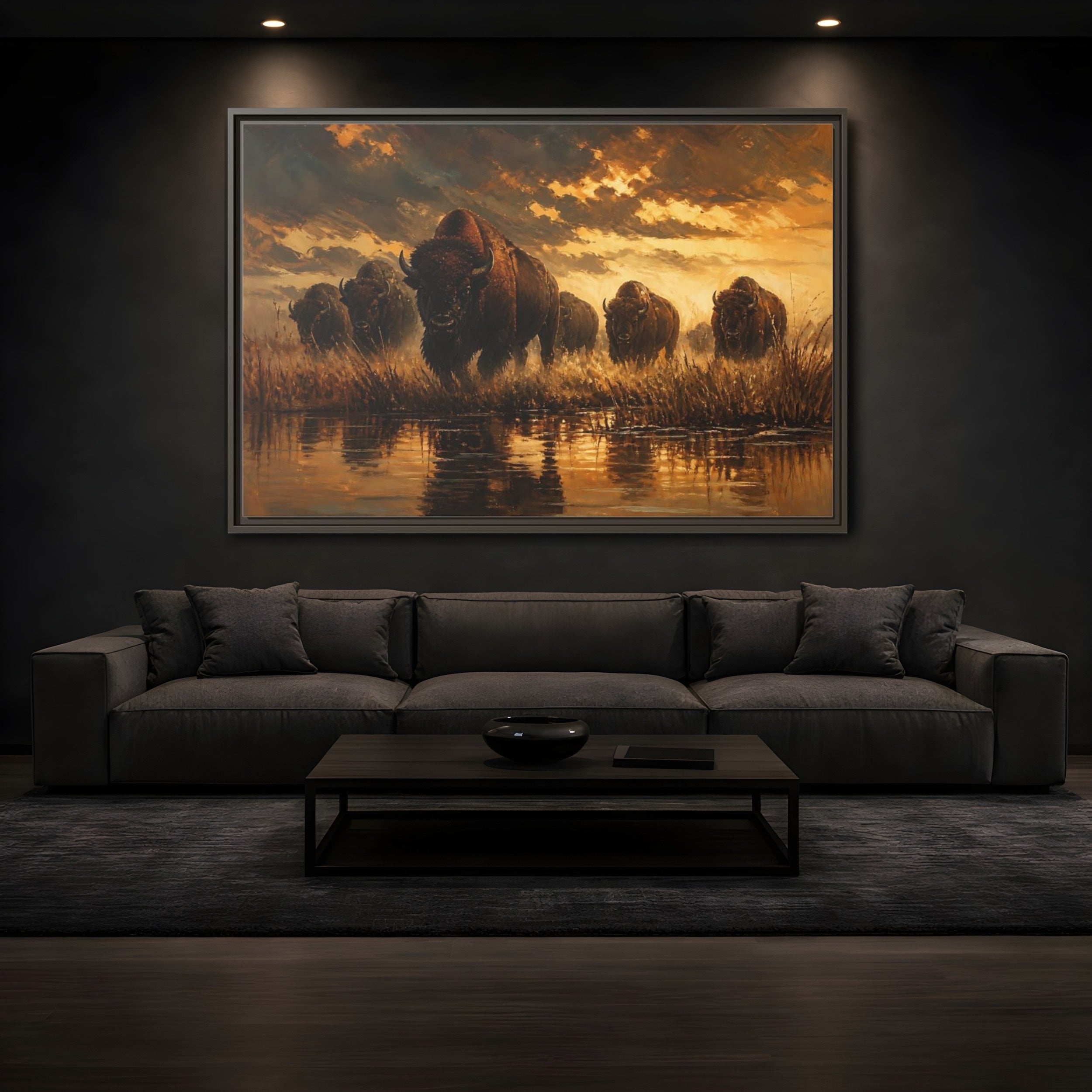 Mockup 3. Animals Bison Brown And Gold Bison shown as stretched canvas wall art