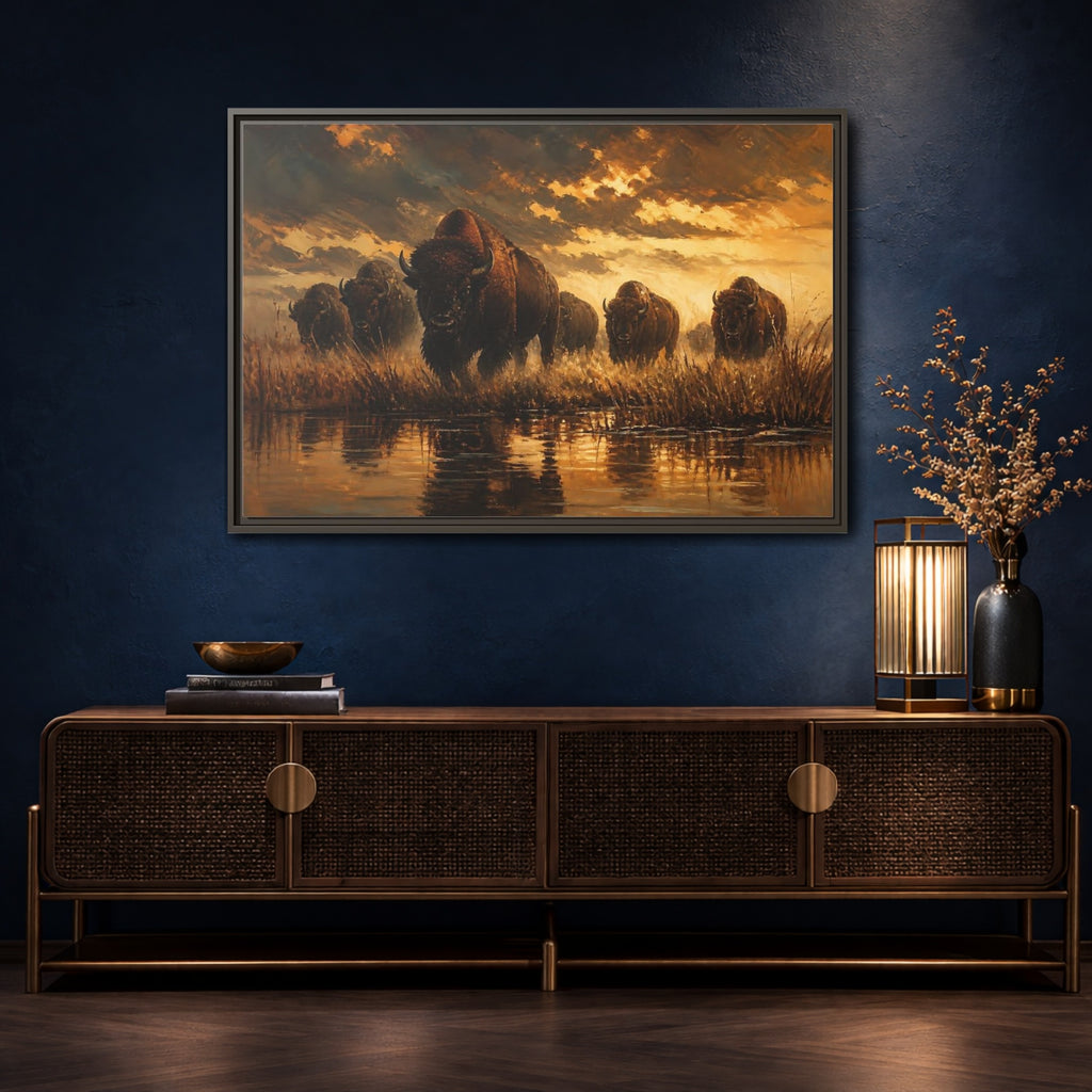 Mockup 4. Animals Bison Brown And Gold Bison shown as stretched canvas wall art