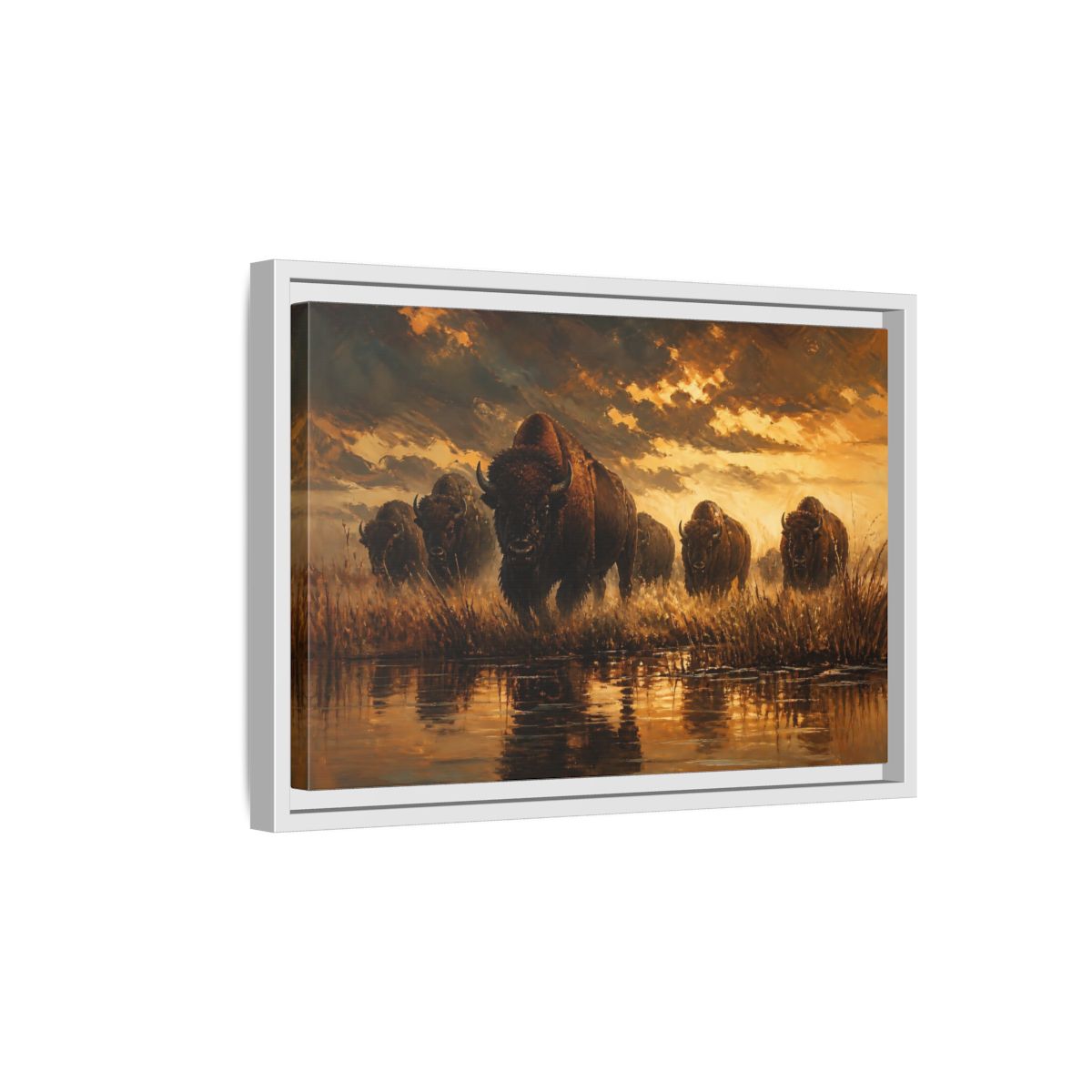 Side Mockup 4. Animals Bison Brown And Gold Bison shown as stretched canvas wall art