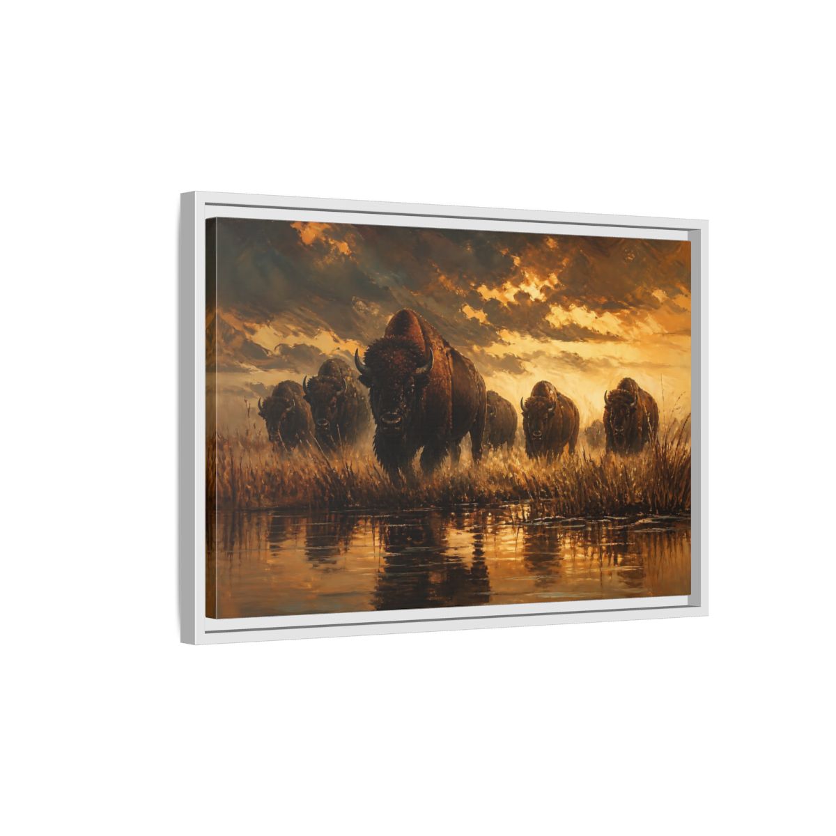 Side Mockup 1. Animals Bison Brown And Gold Bison shown as stretched canvas wall art