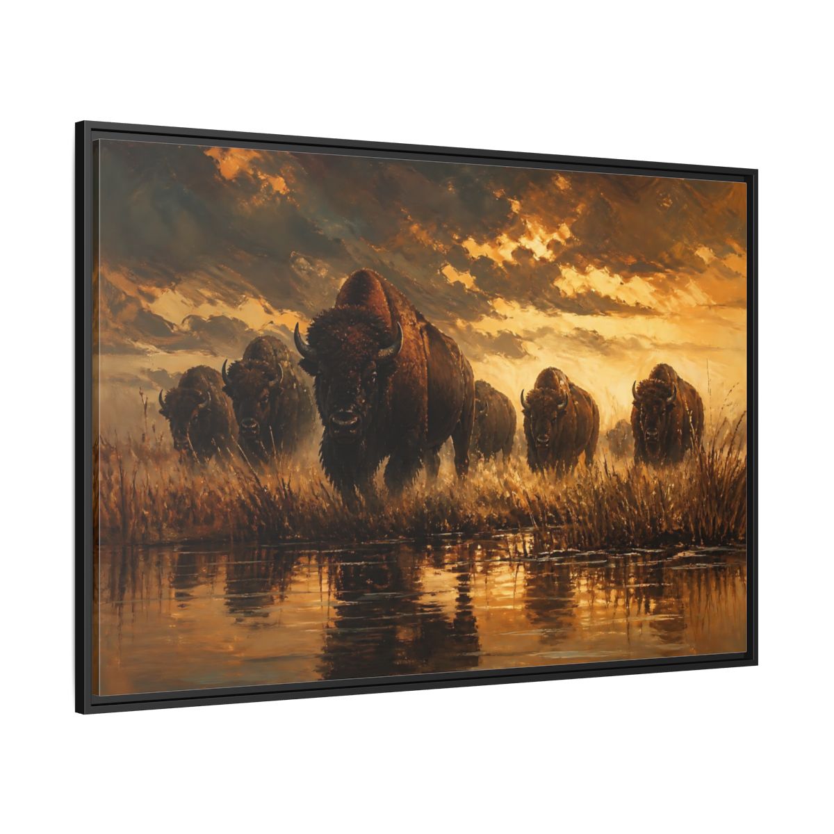 Side Mockup 12. Animals Bison Brown And Gold Bison shown as stretched canvas wall art