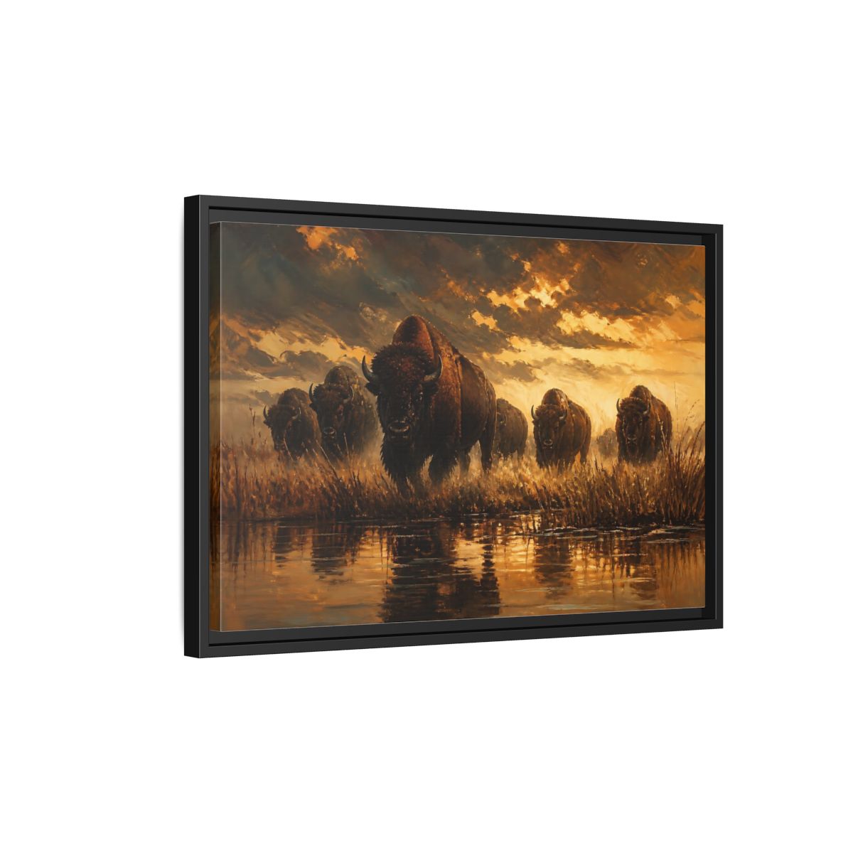 Side Mockup 3. Animals Bison Brown And Gold Bison shown as stretched canvas wall art