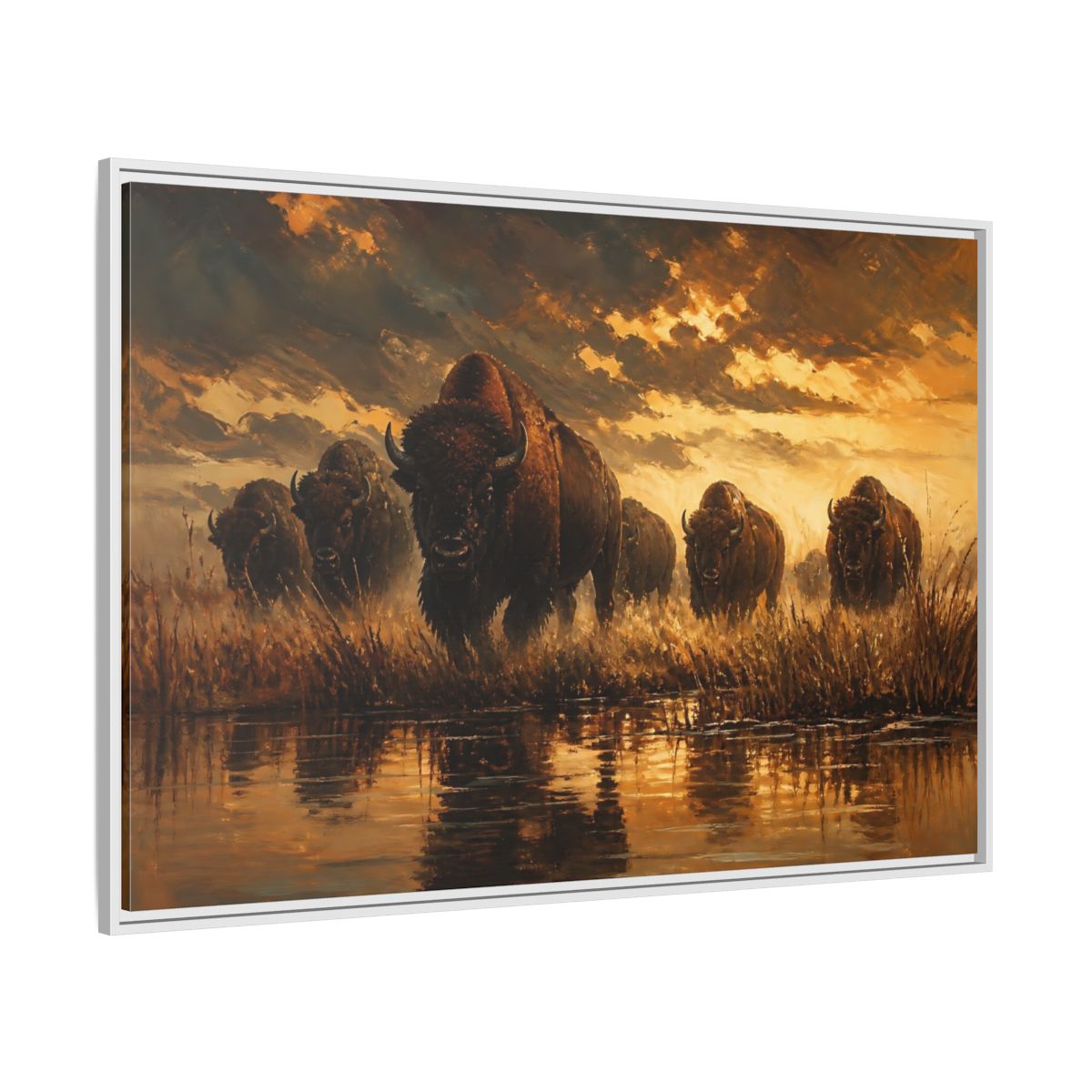 Side Mockup 7. Animals Bison Brown And Gold Bison shown as stretched canvas wall art