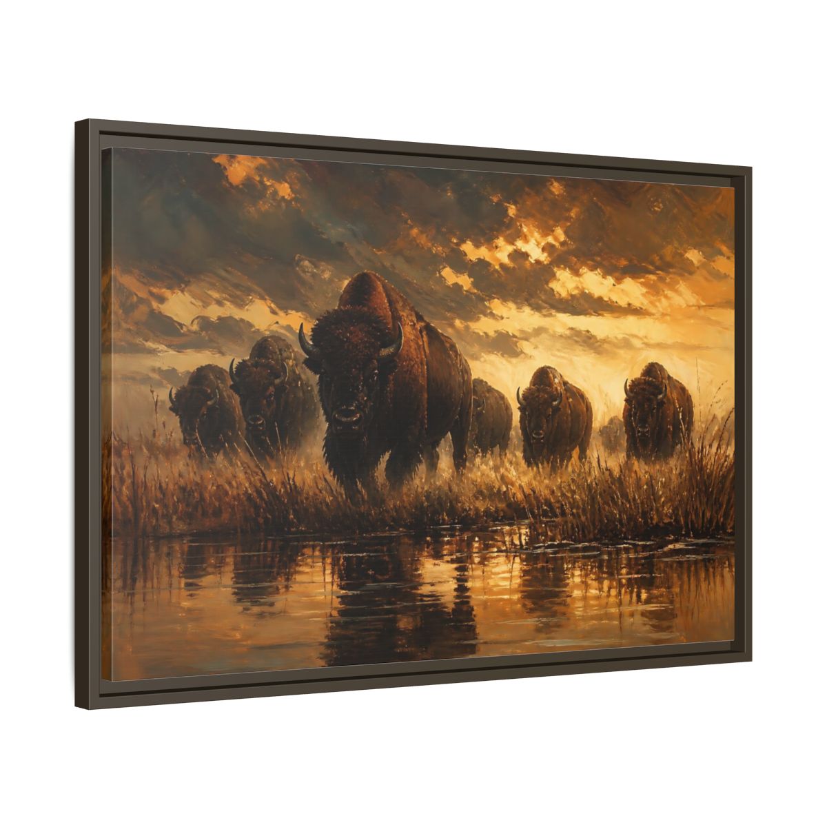 Side Mockup 11. Animals Bison Brown And Gold Bison shown as stretched canvas wall art
