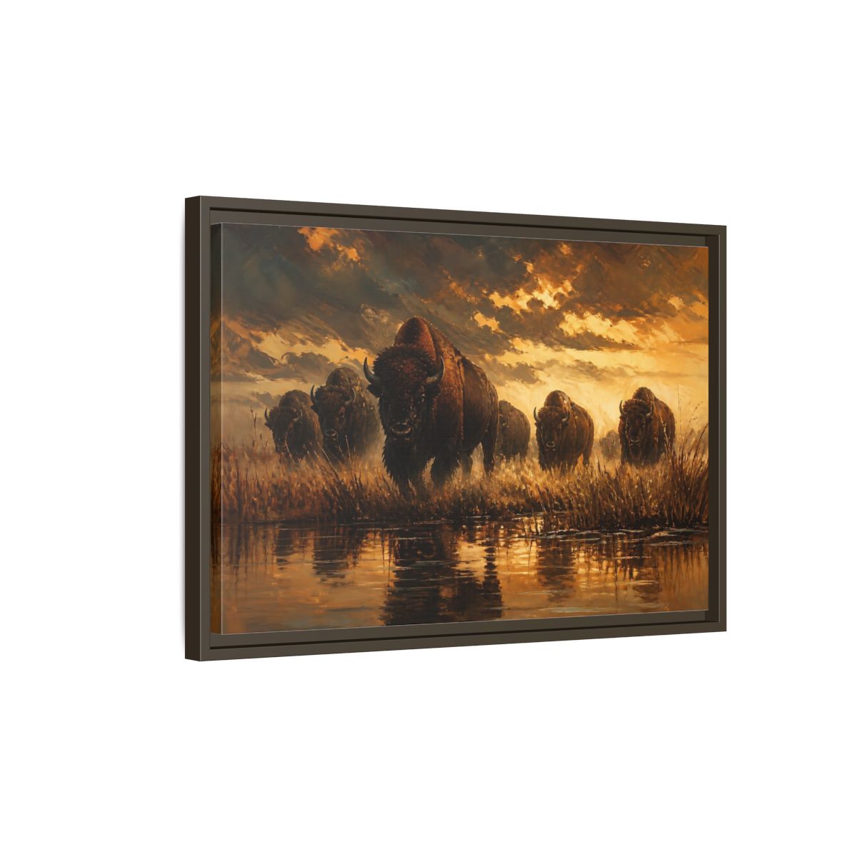 Side Mockup 2. Animals Bison Brown And Gold Bison shown as stretched canvas wall art