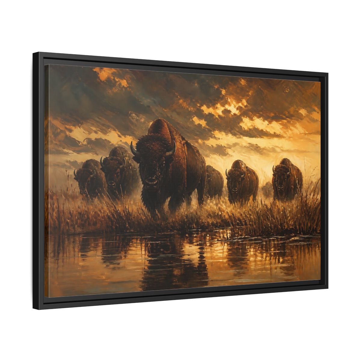 Side Mockup 14. Animals Bison Brown And Gold Bison shown as stretched canvas wall art