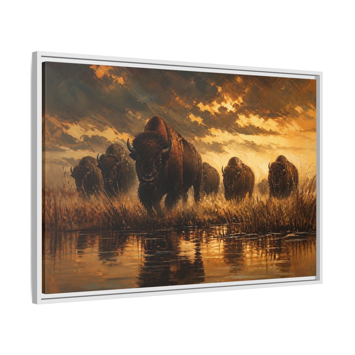 Side Mockup 9. Animals Bison Brown And Gold Bison shown as stretched canvas wall art