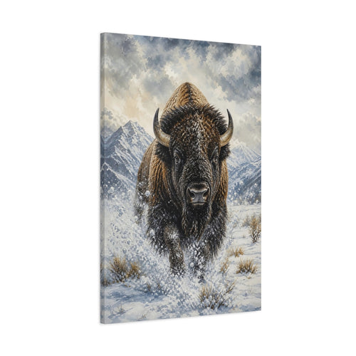 Main Mockup. Animals Bison Brown And White Bison shown as stretched canvas wall art
