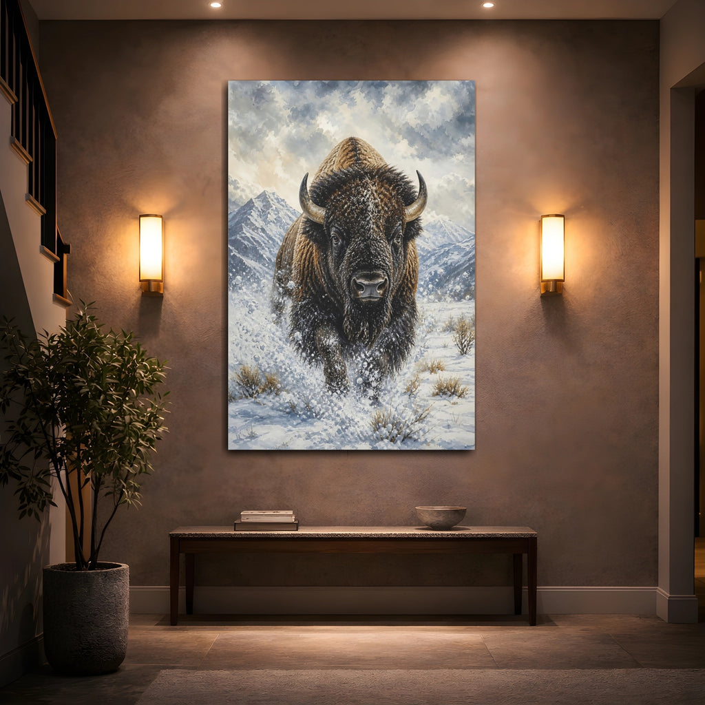 Mockup 2. Animals Bison Brown And White Bison shown as stretched canvas wall art