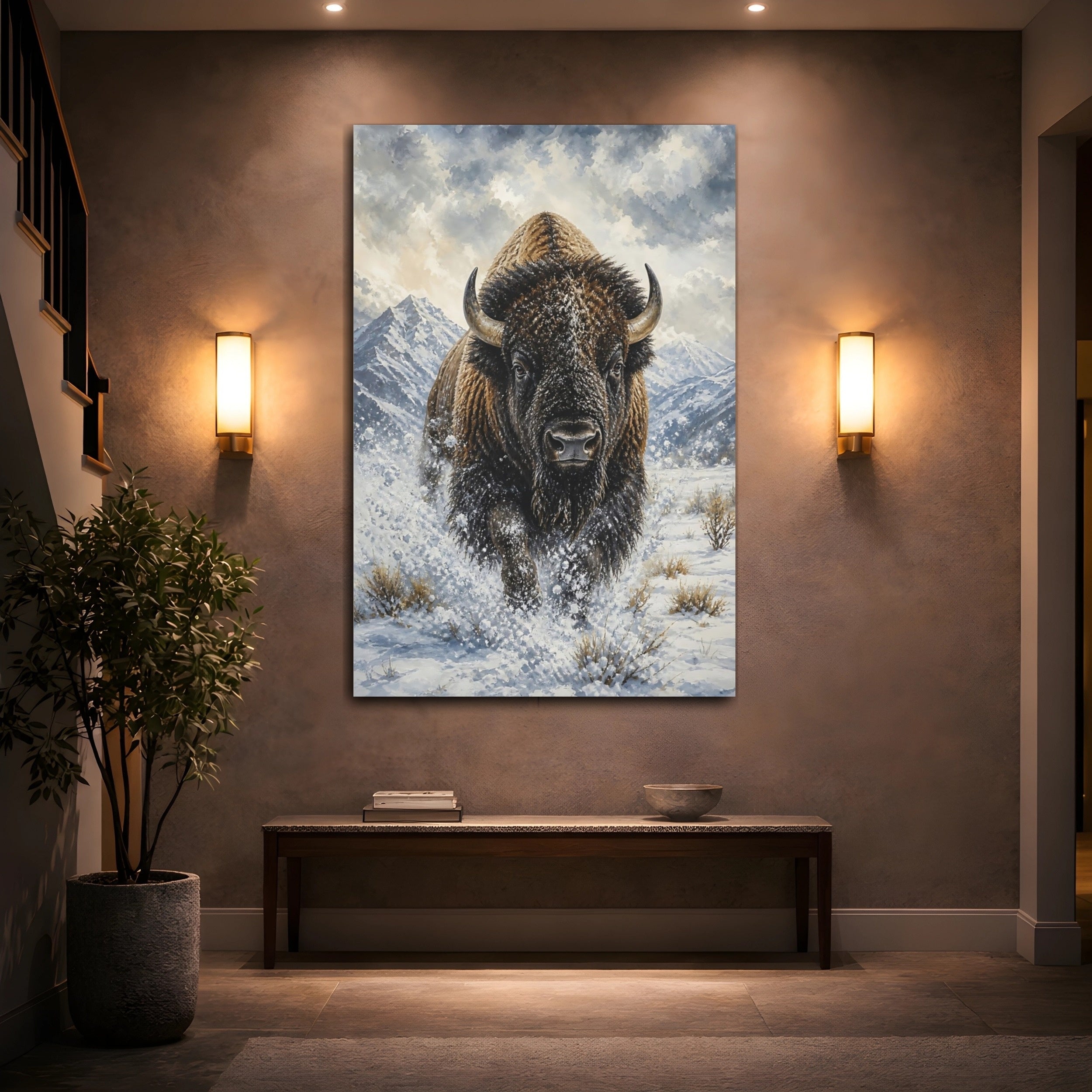 Mockup 2. Animals Bison Brown And White Bison shown as stretched canvas wall art