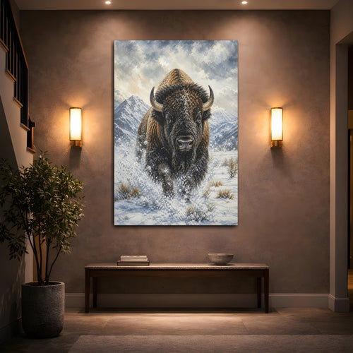 Mockup 2. Animals Bison Brown And White Bison shown as stretched canvas wall art