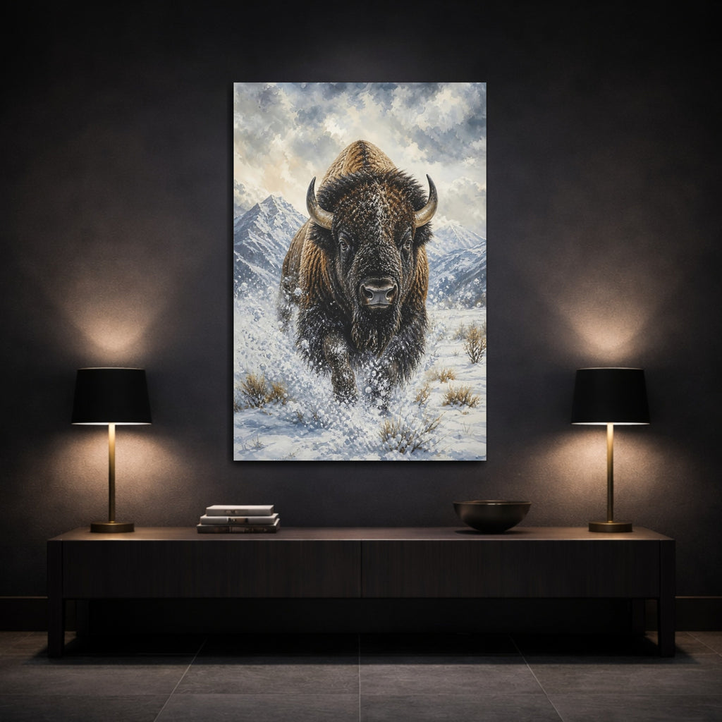 Mockup 3. Animals Bison Brown And White Bison shown as stretched canvas wall art