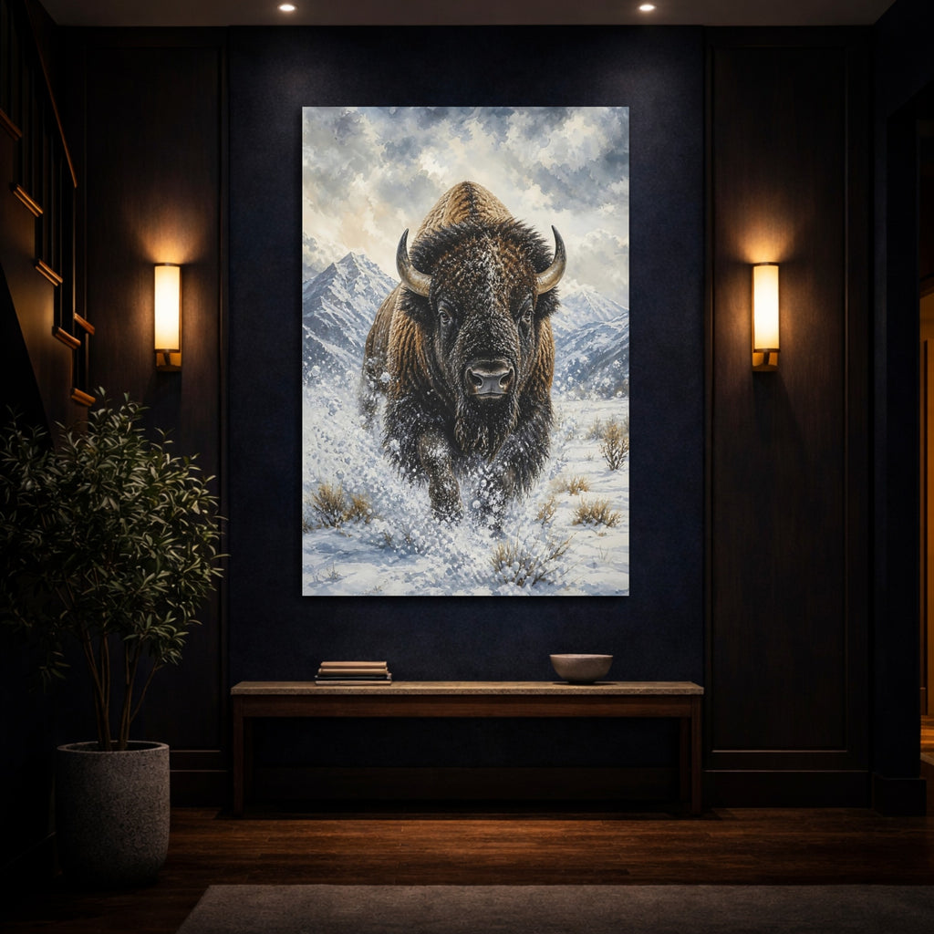 Mockup 4. Animals Bison Brown And White Bison shown as stretched canvas wall art