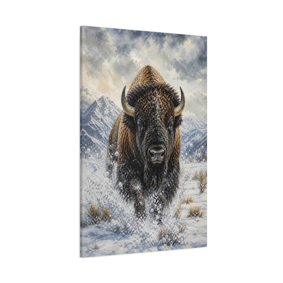 Side Mockup 1. Animals Bison Brown And White Bison shown as stretched canvas wall art