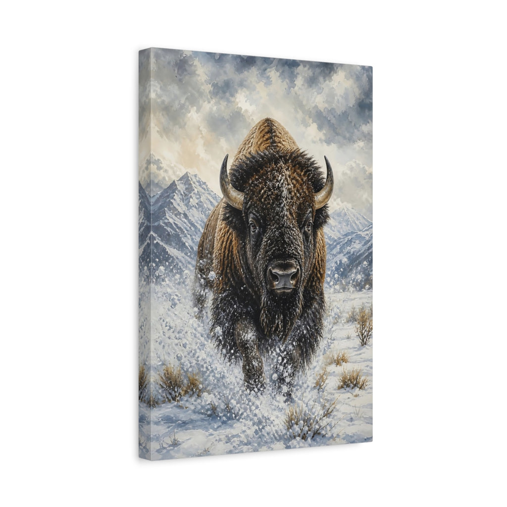 Side Mockup 4. Animals Bison Brown And White Bison shown as stretched canvas wall art