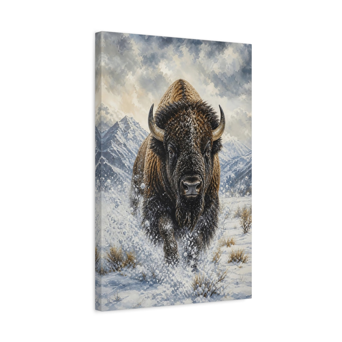 Side Mockup 3. Animals Bison Brown And White Bison shown as stretched canvas wall art