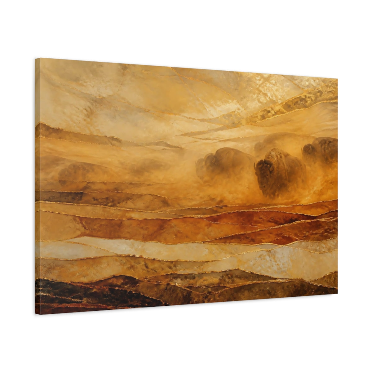Main Mockup. Animals Bison Herd Brown Gold Bison shown as stretched canvas wall art