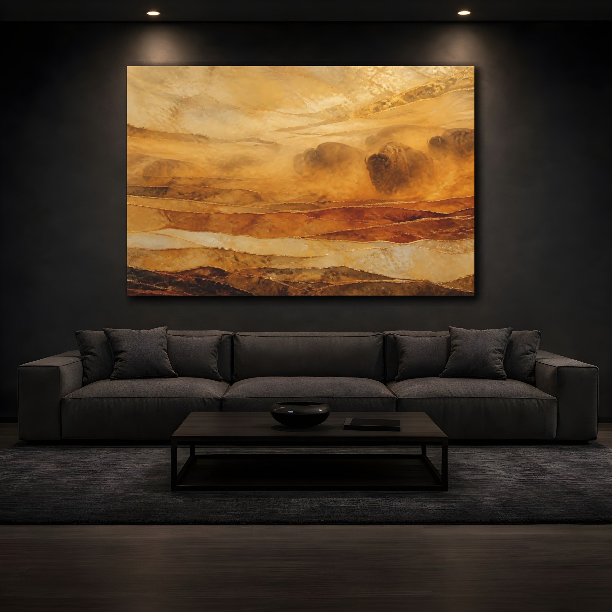 Mockup 3. Animals Bison Herd Brown Gold Bison shown as stretched canvas wall art