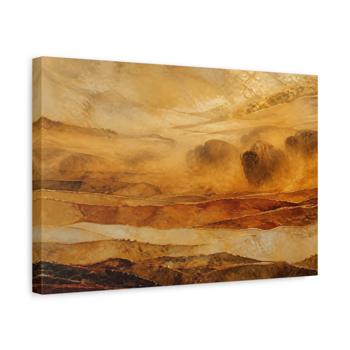 Side Mockup 4. Animals Bison Herd Brown Gold Bison shown as stretched canvas wall art