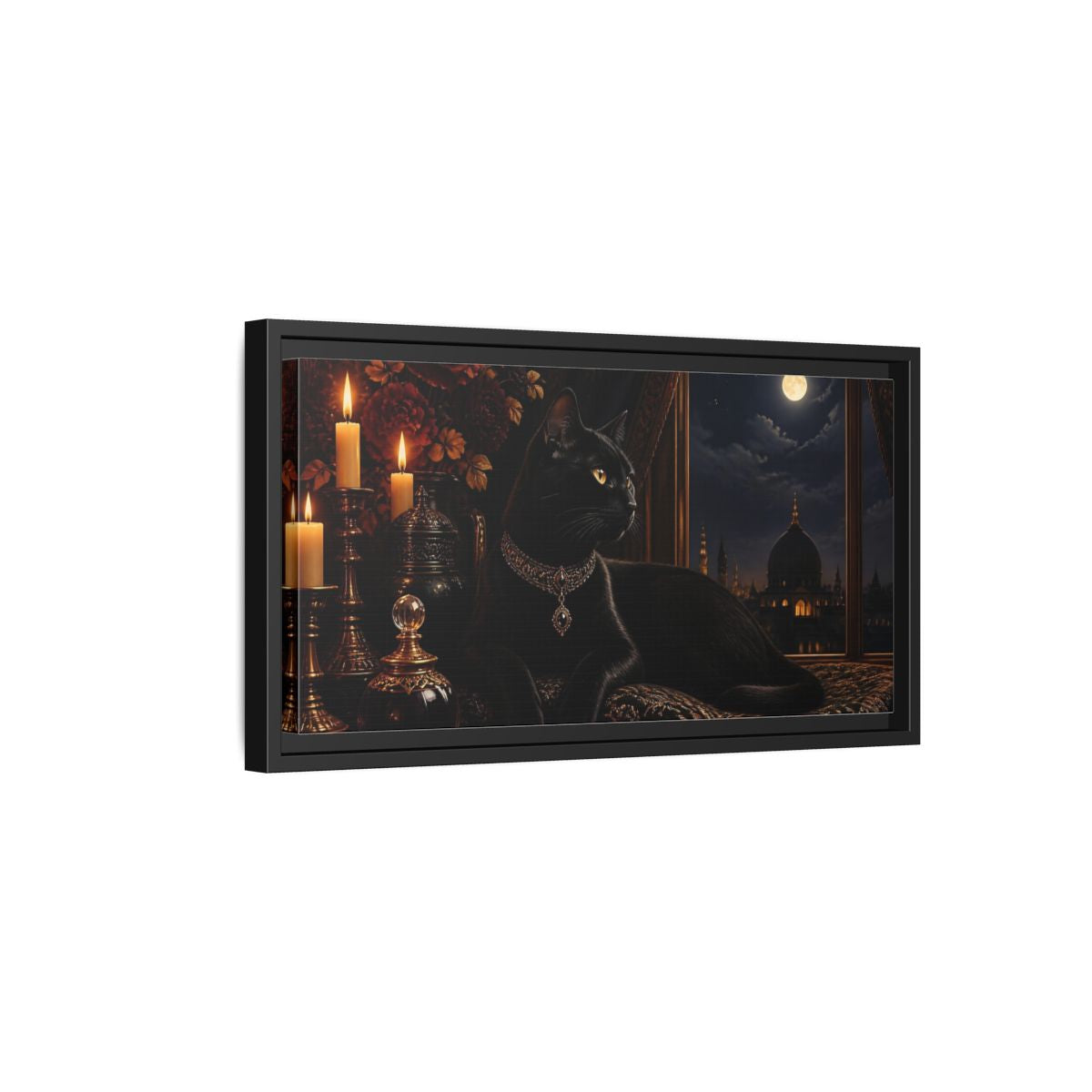 Side Mockup 8. Animals Black Cat Black And Gold shown as stretched canvas wall art