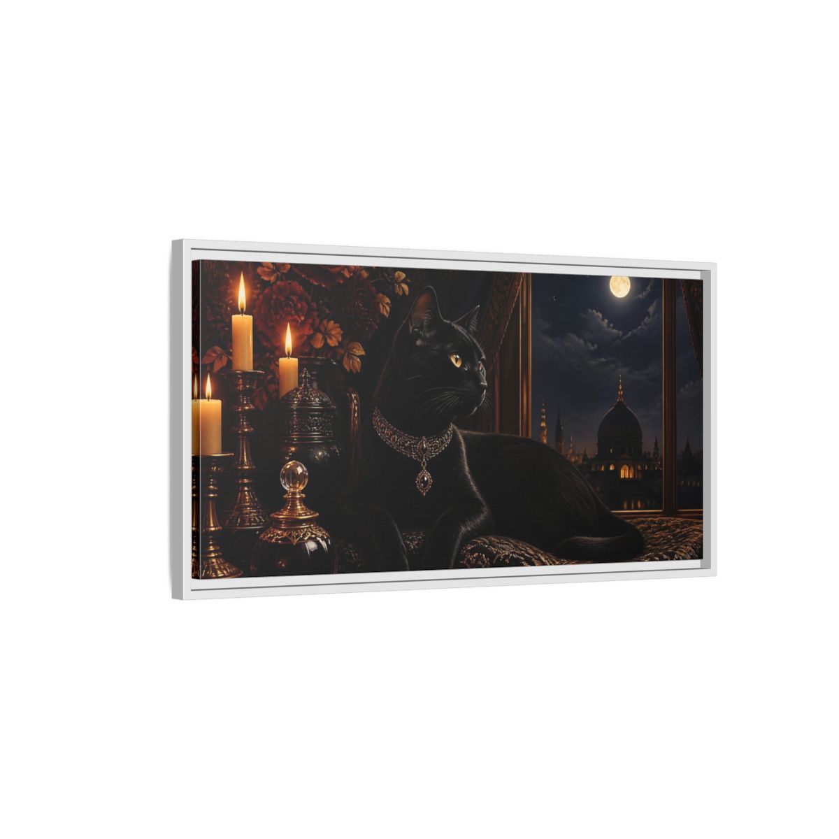 Side Mockup 1. Animals Black Cat Black And Gold shown as stretched canvas wall art
