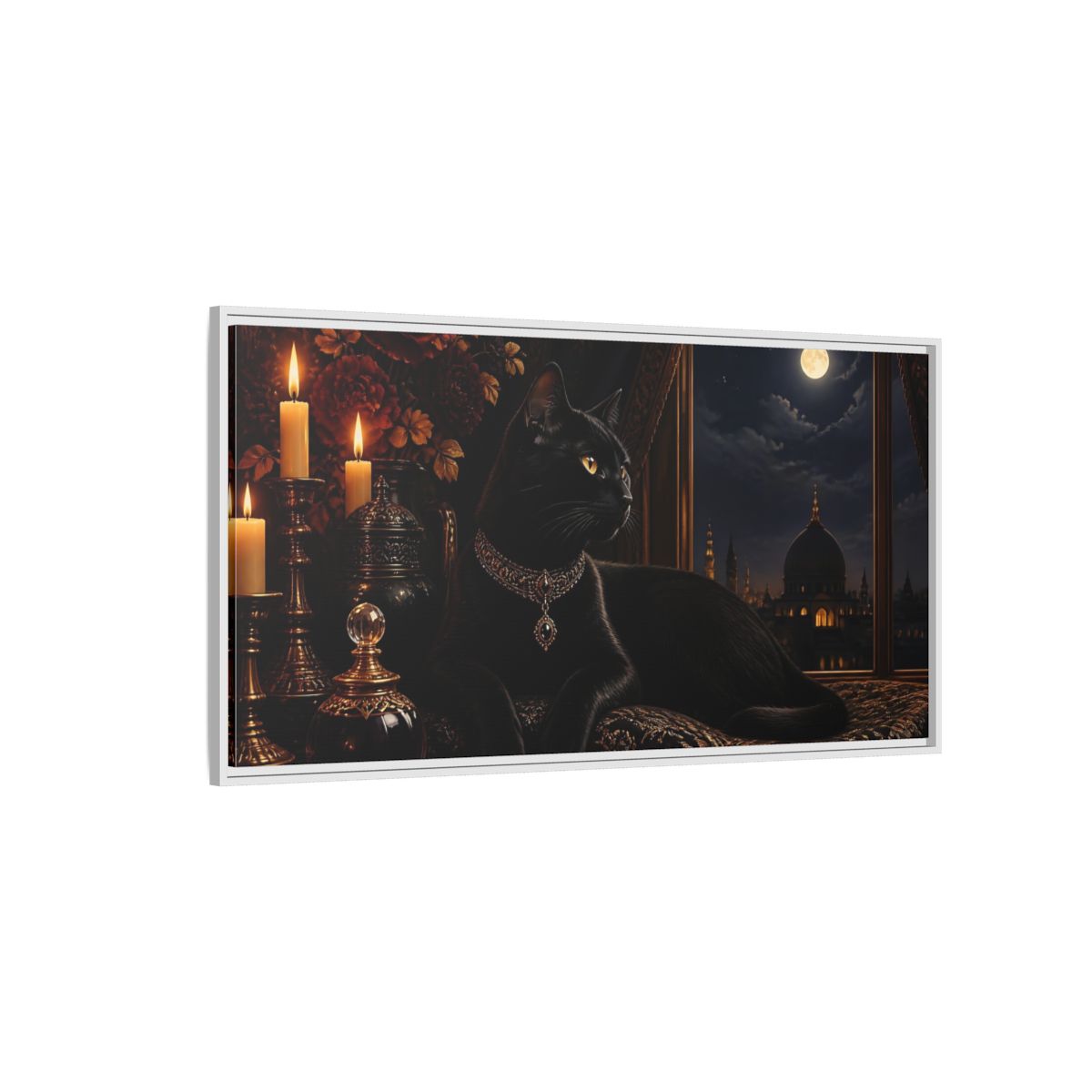 Side Mockup 3. Animals Black Cat Black And Gold shown as stretched canvas wall art