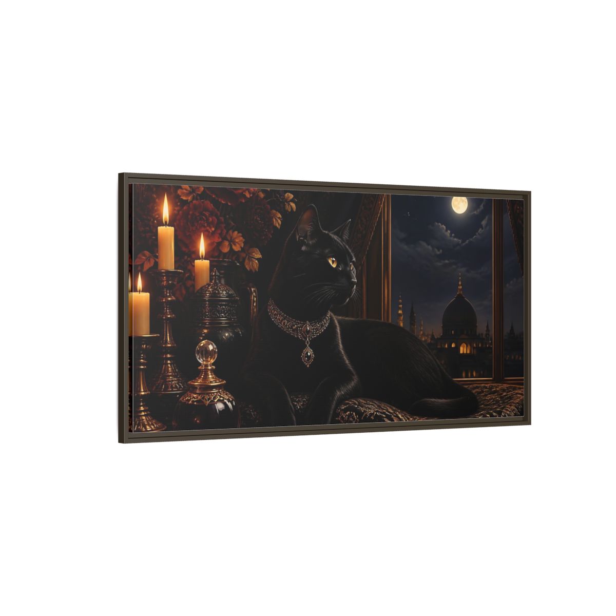 Side Mockup 4. Animals Black Cat Black And Gold shown as stretched canvas wall art