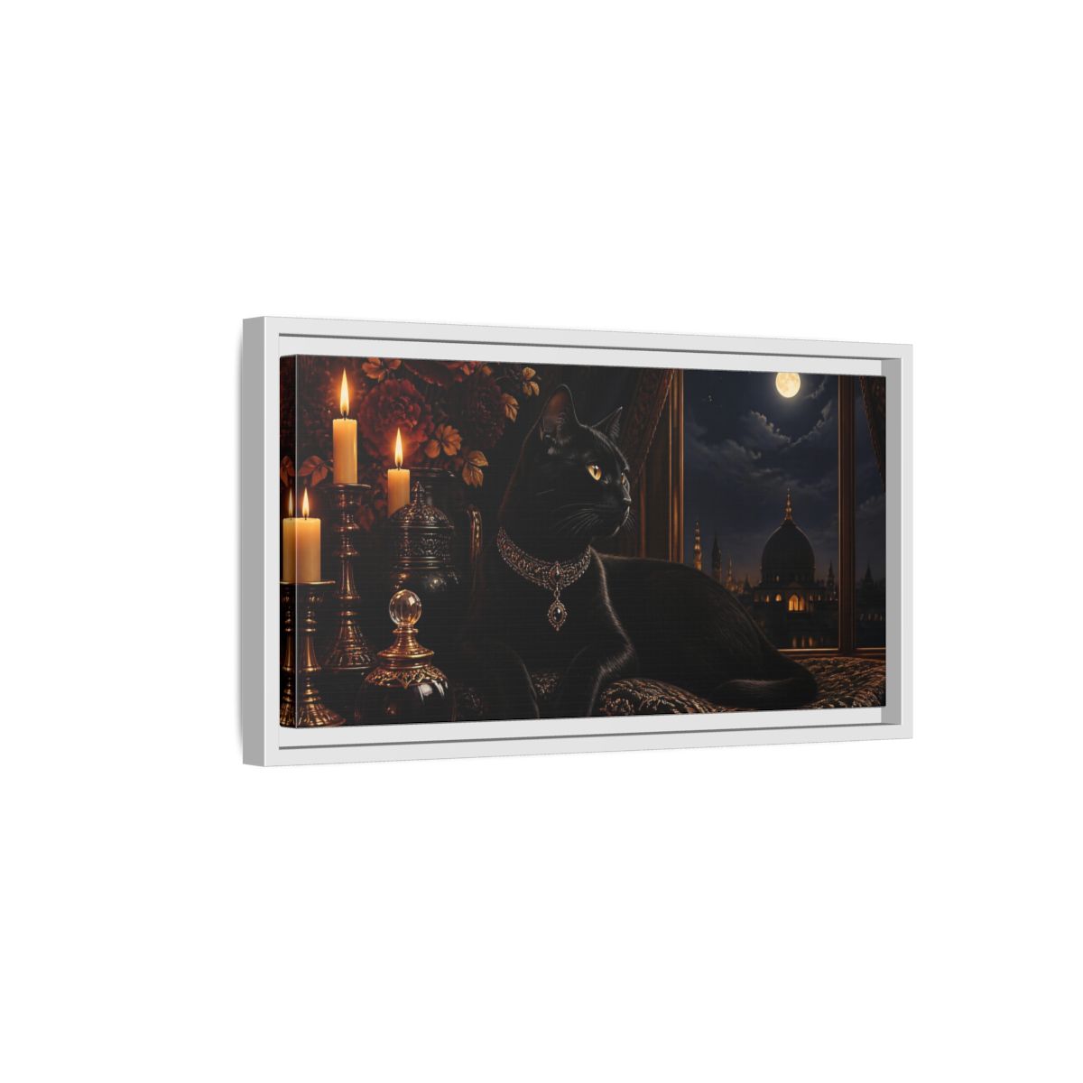 Side Mockup 6. Animals Black Cat Black And Gold shown as stretched canvas wall art